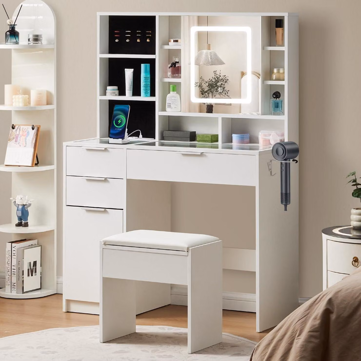 Comò da trucco con illuminazione, 3 cassetti, piano in vetro, bianco, 100x40x138 cm
