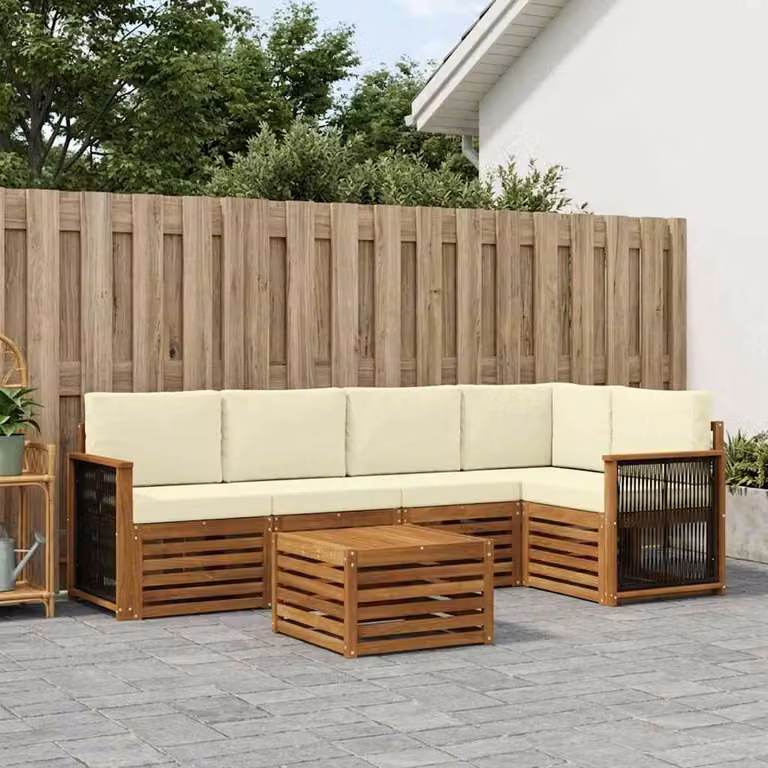 Set di divani da esterno vidaXL a forma di L composto da 6 pezzi con tavolo da caffè, realizzato in legno di acacia trattato e tessuto beige e bianco