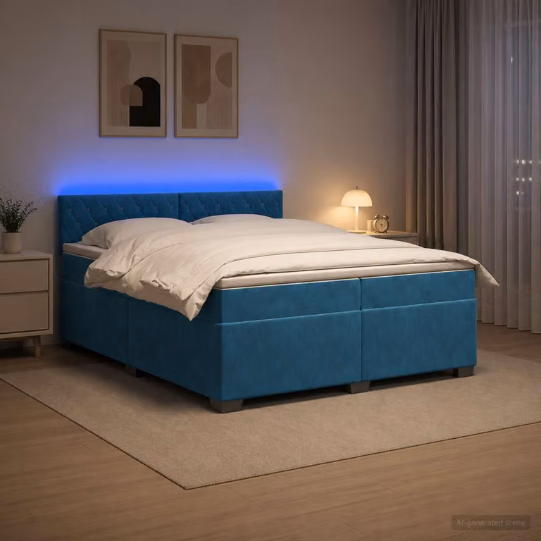 Letto con Box Spring vidaXL in Velluto Blu e Bianco con Illuminazione LED e Porte USB, L/P: 200 x 200 cm