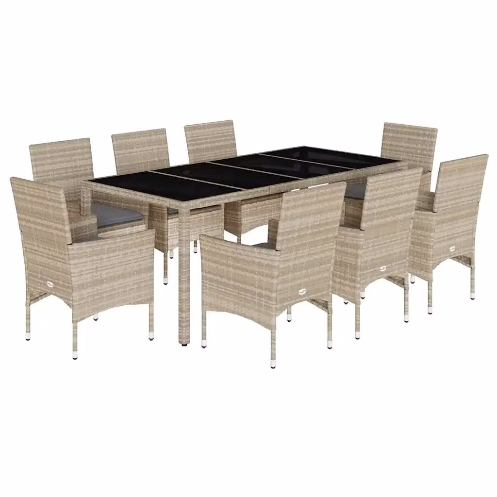 Set Pranzo da Giardino vidaXL in Polyrattan con Vetro e Cuscini Grigio Chiaro, 9 Pezzi – 2