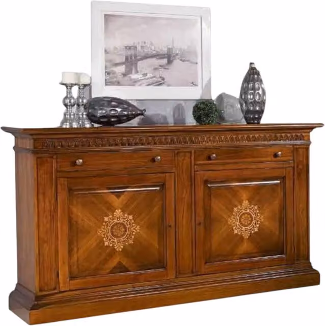 Madia credenza 2 porte in legno intarsiato Mobili 2G colore noce L: 215 cm, P: 54 cm, H: 122 cm