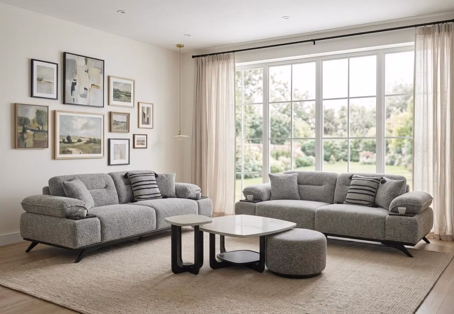 Divano a 3 posti, tavolino, poggiapiedi, design moderno, colore grigio, elegante, lussuoso, set completo
