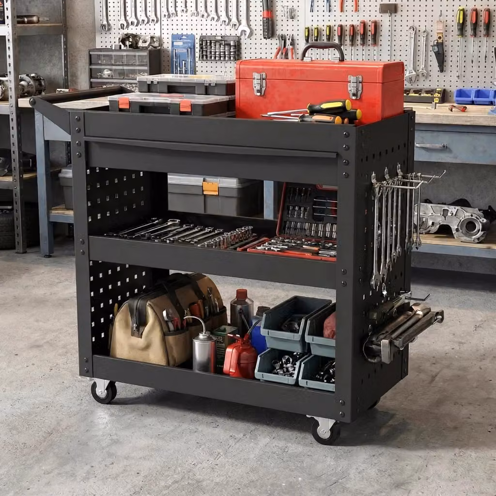 Carrello portautensili DESIGN IN in metallo nero con 3 ripiani, cassetto grande, 2 pannelli forati e 8 ganci, dotato di ruote e sistema di chiusura con serratura per garage e officina – 2