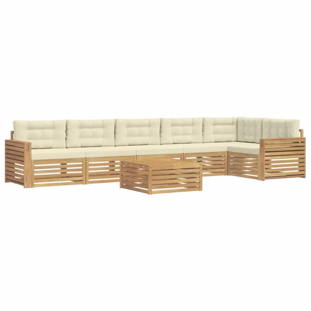 Set di divani da esterno a L con tavolino vidaXL, 7 pezzi in legno di acacia con cuscini bianchi e beige – 2