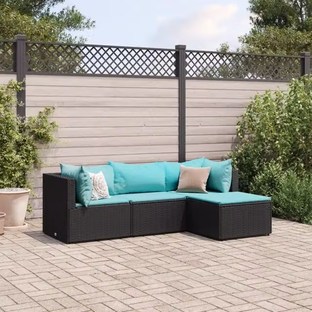 Set Divani da Giardino 4 pz con Cuscini Nero in Polyrattan 3308052