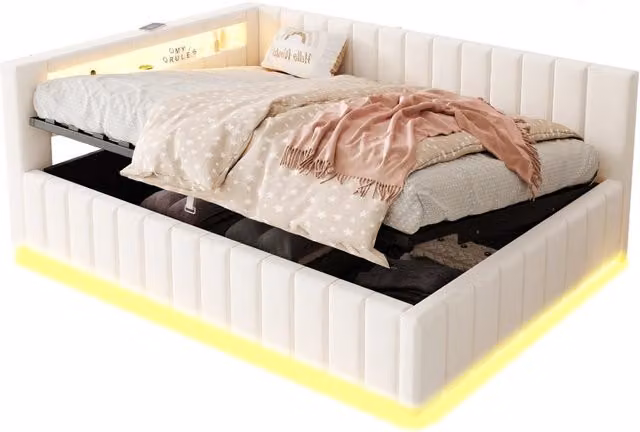 Letto imbottito 140x200 con contenitore idraulico; LED e USB; struttura in velluto beige per camera da letto