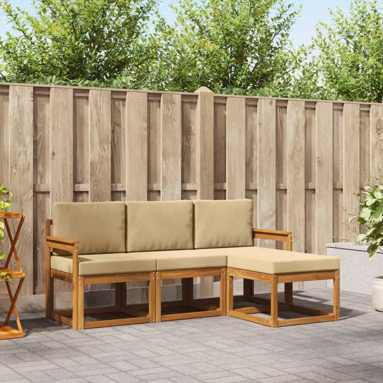 Set di divani da esterno vidaXL a forma di L in legno di acacia con cuscini, beige e marrone