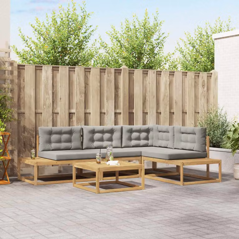 Set di divani da esterno vidaXL a forma di L con tavolo da caffè, composto da 5 pezzi in legno di acacia e tessuto bianco e grigio