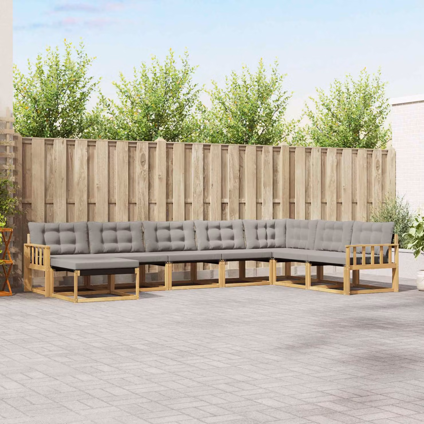 vidaXL Set di divani da esterno 8 pz a forma di L in legno di acacia con cuscini Bianco e Grigio Chiaro