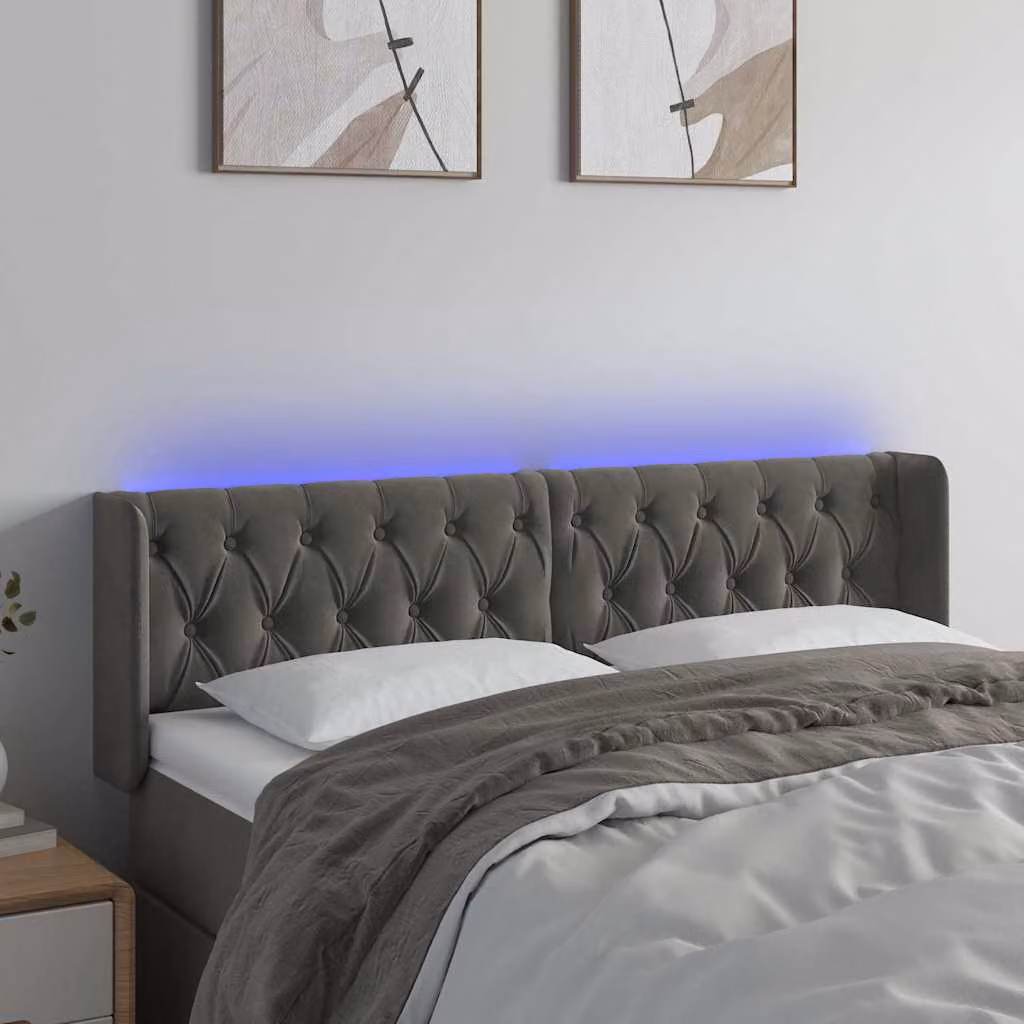 Testiera per letto vidaXL in velluto grigio con illuminazione LED e porta di ricarica USB, L: 163 cm, P: 16 cm, H: 78-88 cm