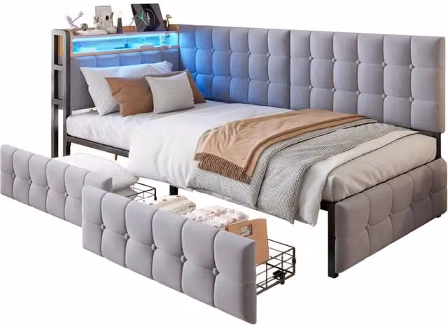 Letto divano singolo grigio con 2 cassetti, illuminazione LED, porte USB e Tipo C, in tessuto e legno, L/P/H: 90 x 200 x 120 cm