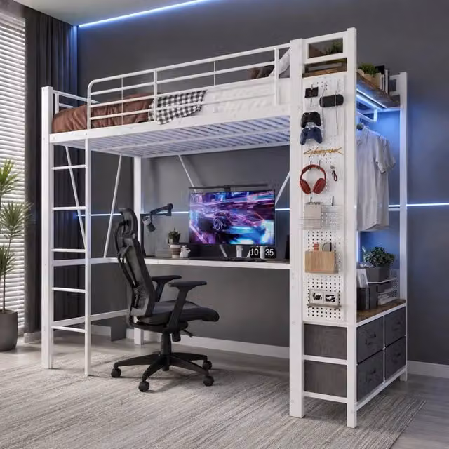Letto a soppalco singolo MIVRAY con scrivania, 4 cassetti, ripiani e illuminazione LED con porte USB e Type-C, in metallo e MDF bianco