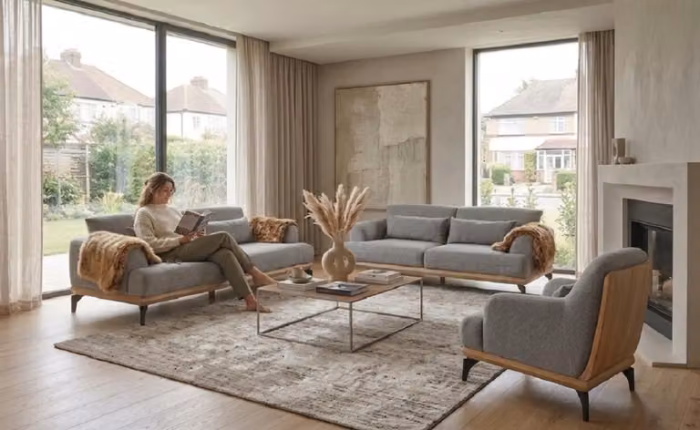 2x 3-Sitzer Sofa Sessel Grau Modern Stoff Holz Metall Wohnzimmer Set