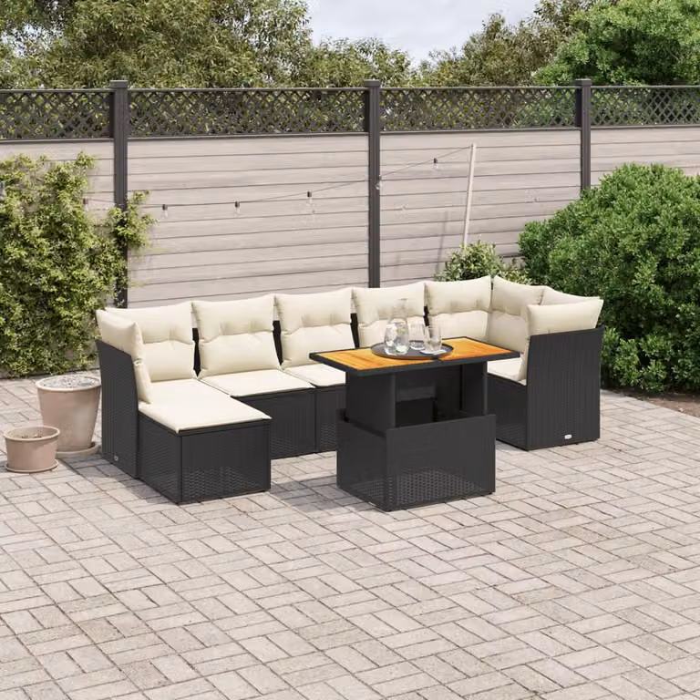 vidaXL Set Divani da Giardino a L con Cuscini 8 pz in Polyrattan e Legno di Acacia Nero e Bianco