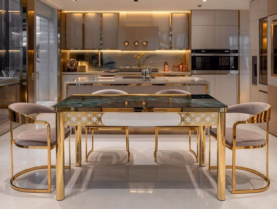 Tavolo da pranzo, sala da pranzo, multicolore, rettangolare, marmo, alluminio, moderno, nuovo