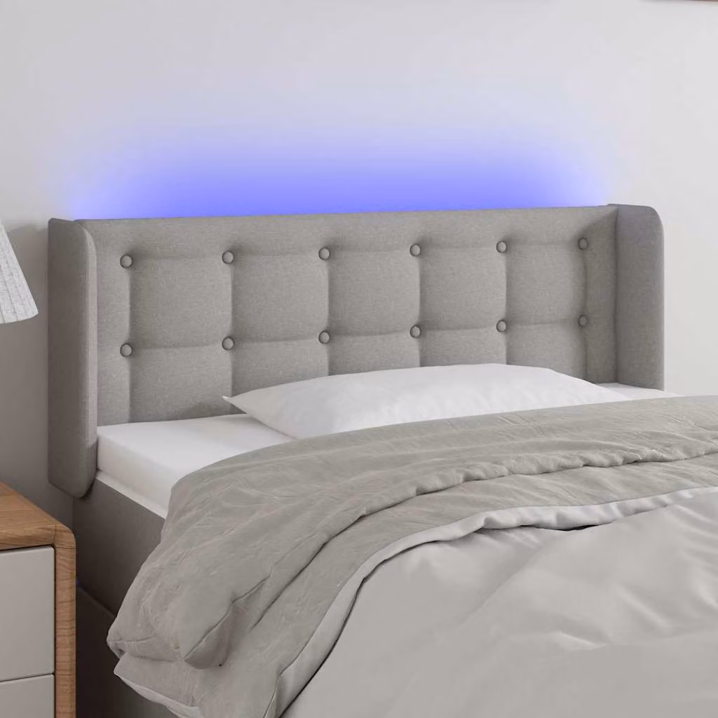 Testiera per letto vidaXL in tessuto grigio chiaro con illuminazione LED e porta USB, L: 103 cm, P: 16 cm, H: 78-88 cm