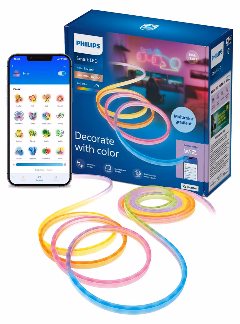 Striscia LED Smart Neon Flex di Philips, 10 metri, tipo C, connessa tramite WiZ, striscia LED intelligente, Wi-Fi/Bluetooth, bianca, Wi-Fi 4 (802.11n), 802.11b, 802.11g, LED, plastica
