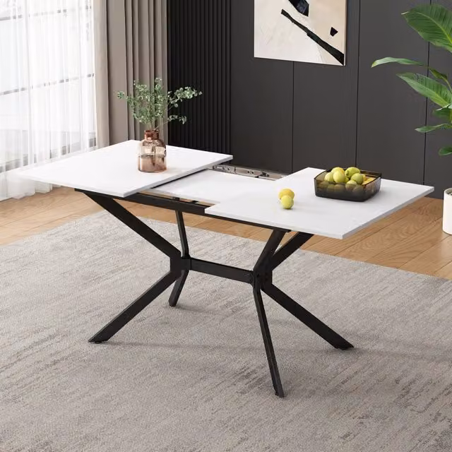 Tavolo da pranzo allungabile bianco 120/160x80 cm, gambe in metallo nero, rettangolare per 4-6 persone