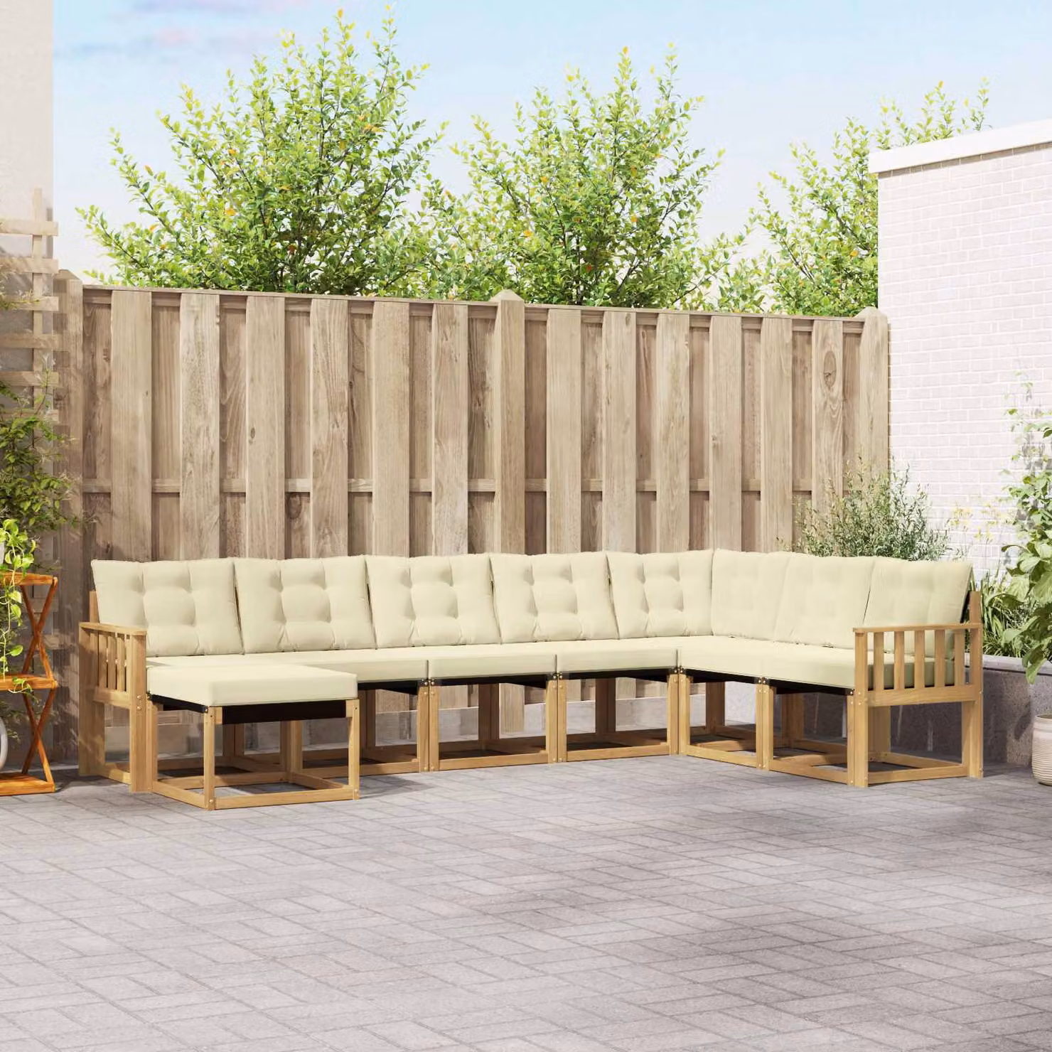 vidaXL Set di divani da esterno a L in legno di acacia con cuscini, bianco, beige e marrone