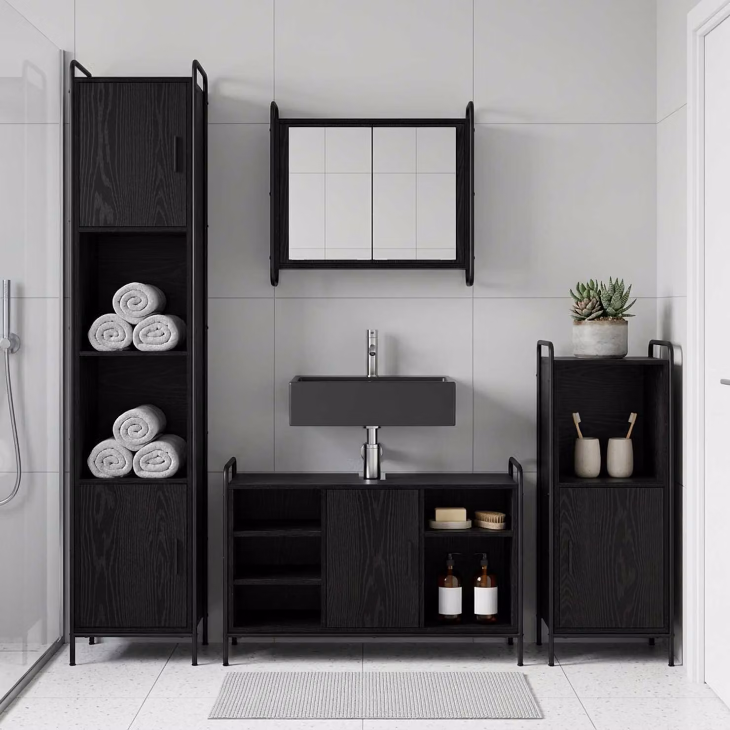 vidaXL Set di Armadi da Bagno 2 pz Rovere Nero 65,5 x 34 x 61 cm