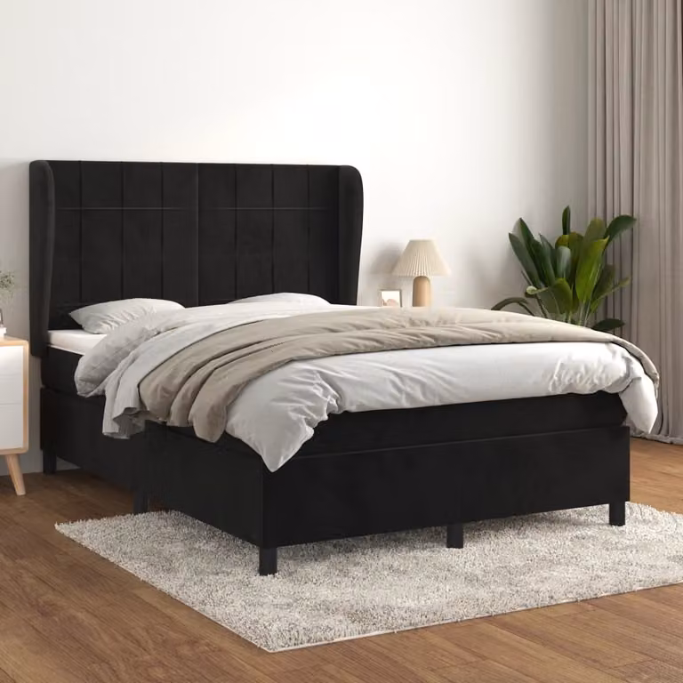 The Living Store Letto a molle con materasso nero 140x200 cm in velluto