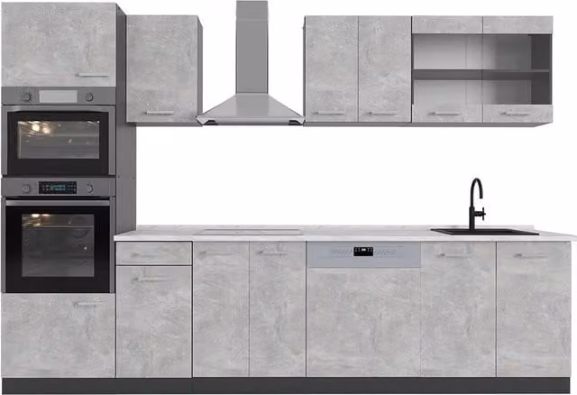 Cucina componibile moderna Vicco R-Line Calcestruzzo e Antracite con armadio alto e piano in marmo L: 300 cm