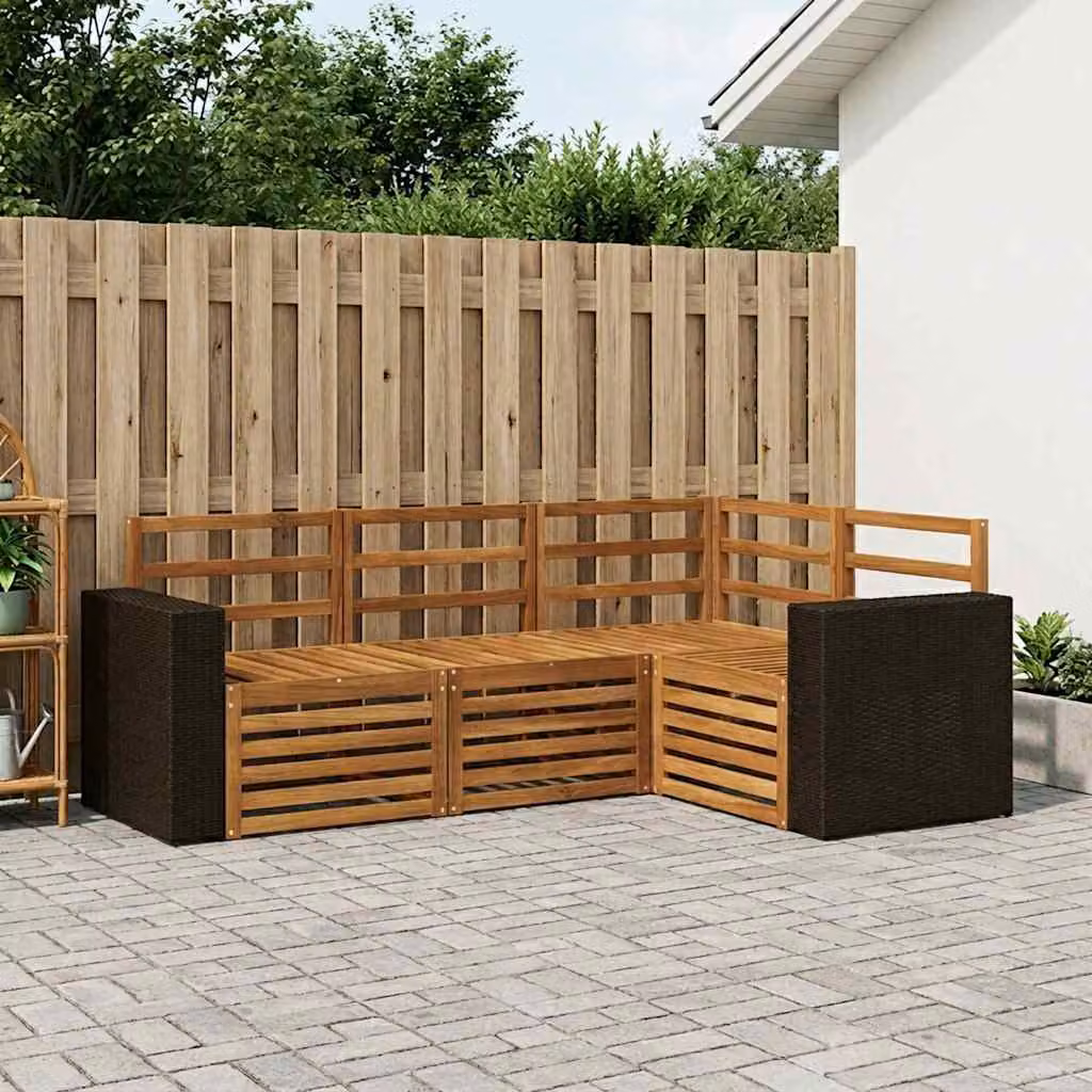 Set di divani da esterno vidaXL a forma di L composto da 4 pezzi in legno di acacia marrone con tessuto in poliestere resistente ai raggi UV