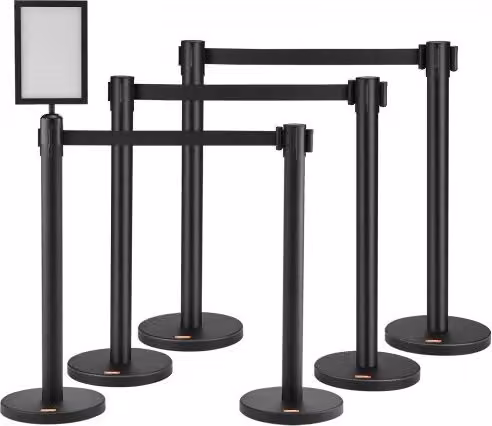 Set di 6 barriere per il controllo della folla VEVOR in acciaio al carbonio con cinture retrattili nere, H: 90 cm, Diametro: 3,2 cm