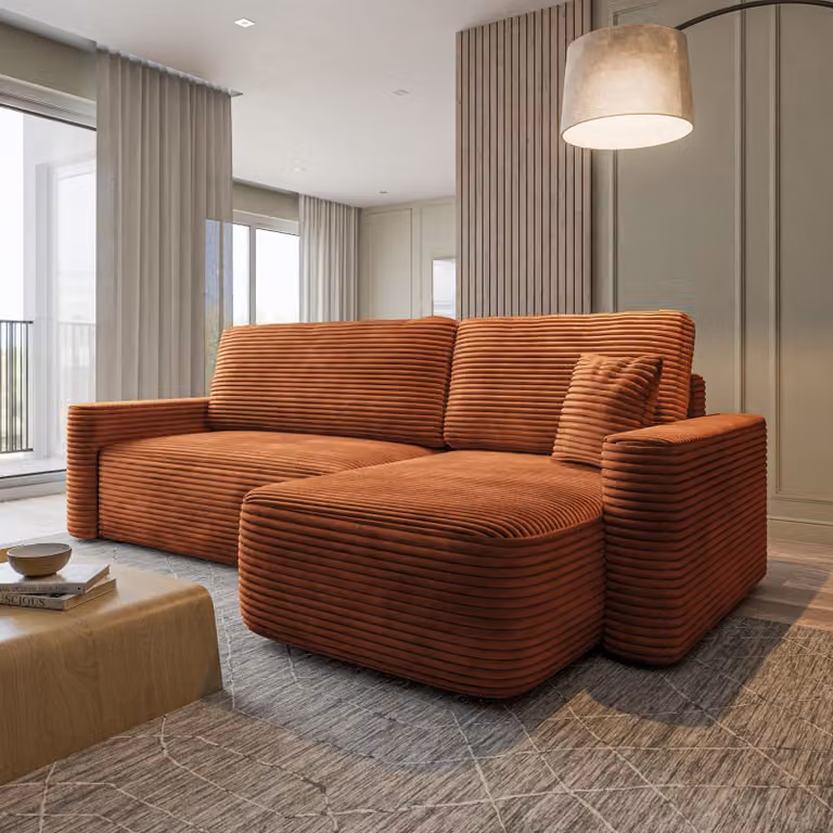 Divano ad angolo Masseno NERI T con funzione letto a L, divano con contenitore, divano da salotto, divano, divano letto, set divani - Marrone, TILIA 52