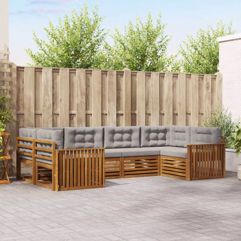 Set di divani da esterno vidaXL a forma di L composto da 6 pezzi in legno di acacia e tessuto grigio