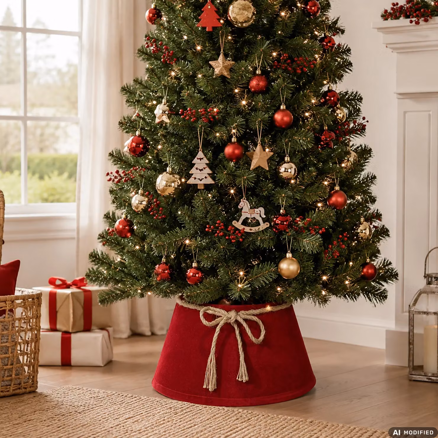 Copribase per albero di Natale Vestiamo Casa Gran Natale in velluto rosso con bordo in corda, H 25 cm x diametro 56 cm – 2