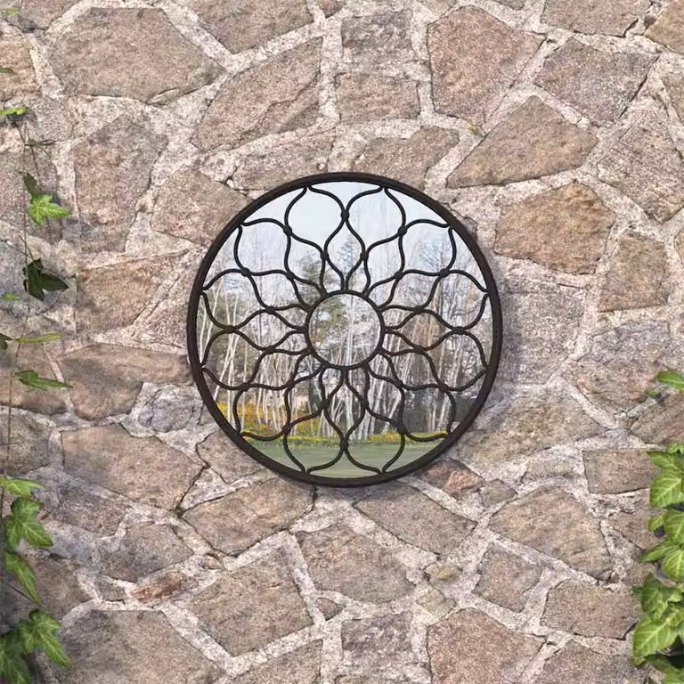 Specchio da giardino rotondo vidaXL in metallo nero con decorazione floreale, Diametro: 60 cm