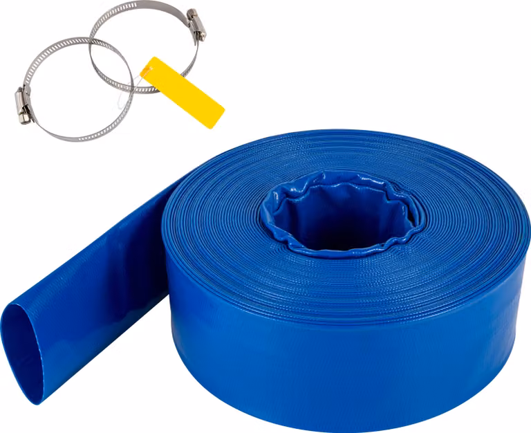 Tubo di scarico SucceBuy, tubo piatto in PVC da 3" x 105', robusto tubo di scarico per controlavaggio con fascette, resistente alle intemperie e poco ingombrante, ideale per piscine e trasferimenti d'acqua, blu