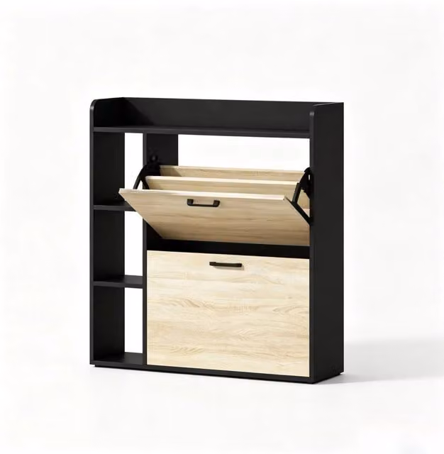 Armadio portascarpe moderno in truciolato nero e effetto legno, capacità 15 paia, con 2 scomparti ribaltabili, salvaspazio per ingresso e corridoio