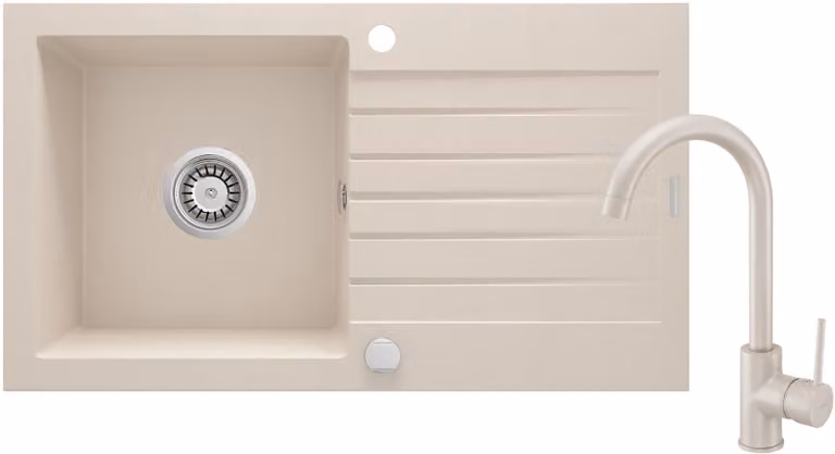 Lavello in granito beige, 1 vasca con sgocciolatoio + miscelatore, beige opaco, incassato, con sifone salvaspazio, set da cucina