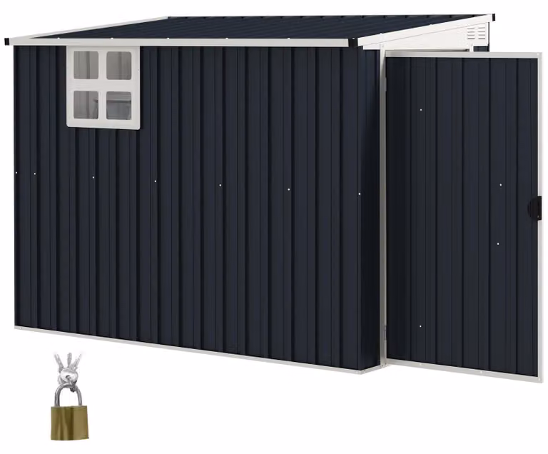 Capanno da giardino in metallo, dotato di serratura, finestre e sistema di ventilazione. Colore: grigio. Dimensioni: 231x128x161/181 cm