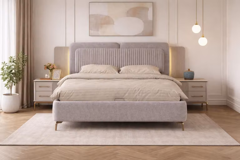Set moderno per letto, composto da un letto e due comodini dal design minimalista