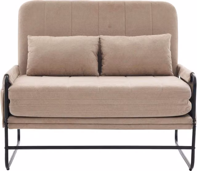 Divano letto pieghevole 2 posti con struttura in metallo e rivestimento in chenille kaki, con funzione contenitore laterale