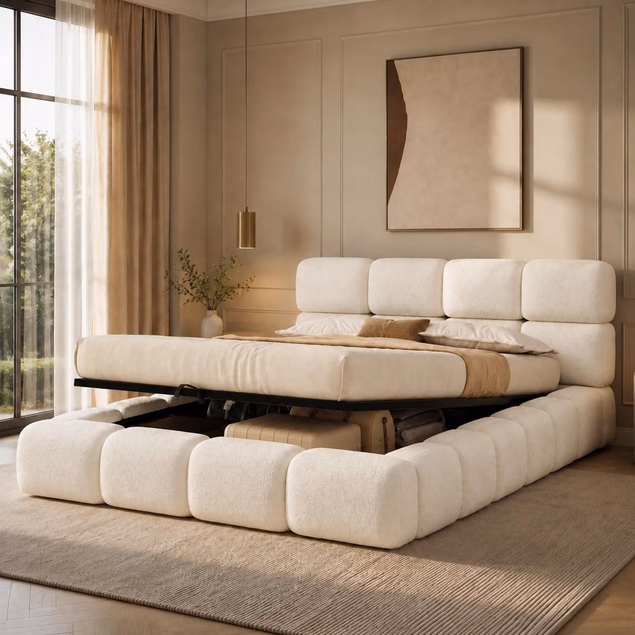 Letto matrimoniale MODFU 160x200 con sistema di sollevamento idraulico, contenitore e design "nuvola", letto per giovani con rete a doghe e testiera imbottita, senza materasso, colore bianco