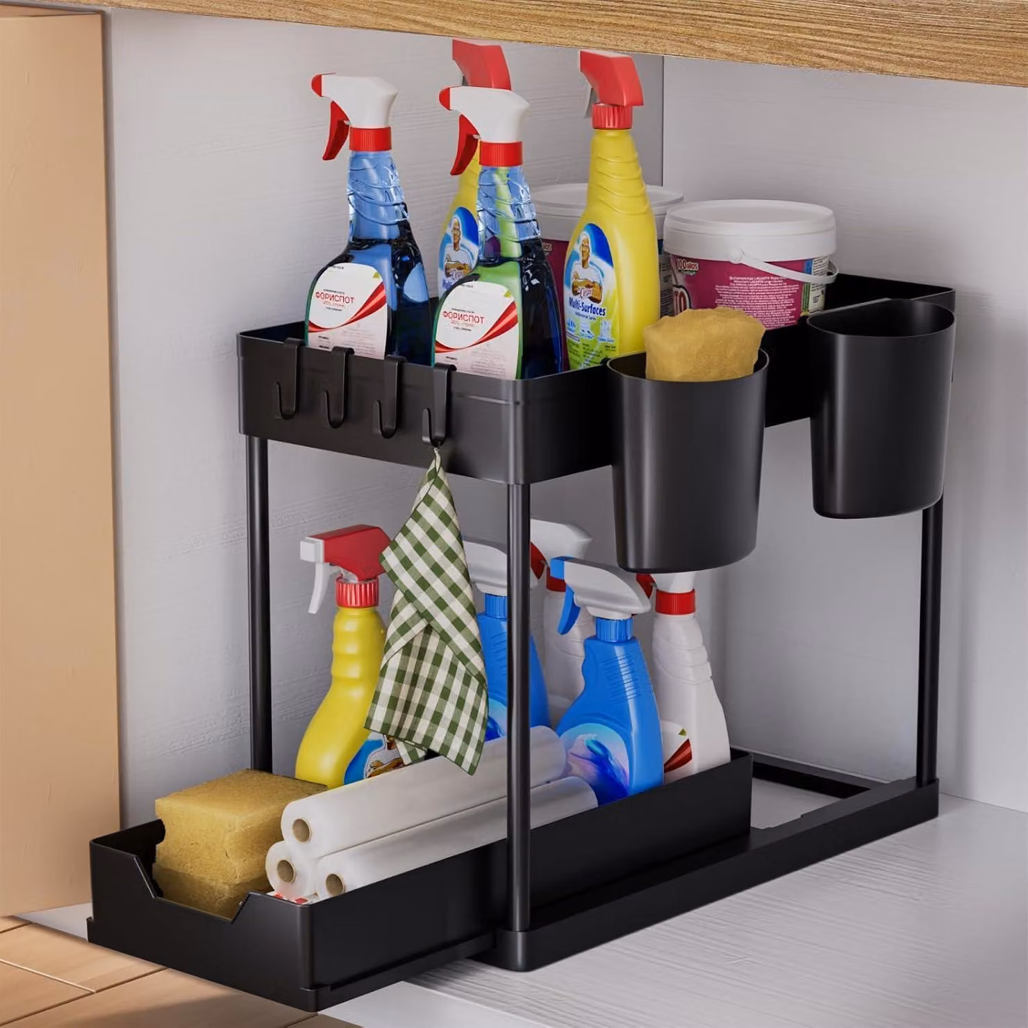 AIXPI Organizzatore da cucina 2 livelli sotto il lavello scaffale gancio tazza spezie rack lavello gabinetto bagno cucina nero - 1 set