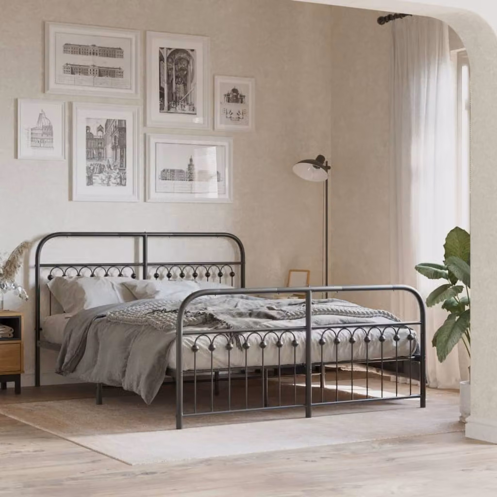 vidaXL Giroletto moderno in metallo nero con testiera e pediera L/P/H: 200 x 150 x 100 cm
