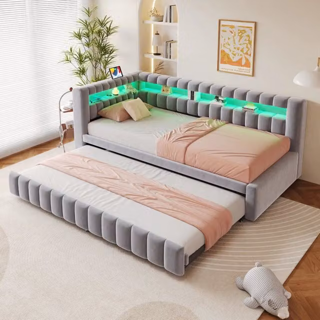 Divano letto estraibile REDOM in velluto grigio con illuminazione LED, porta USB e ripiani laterali, L/P/H: 211.5 x 90 x 79 cm