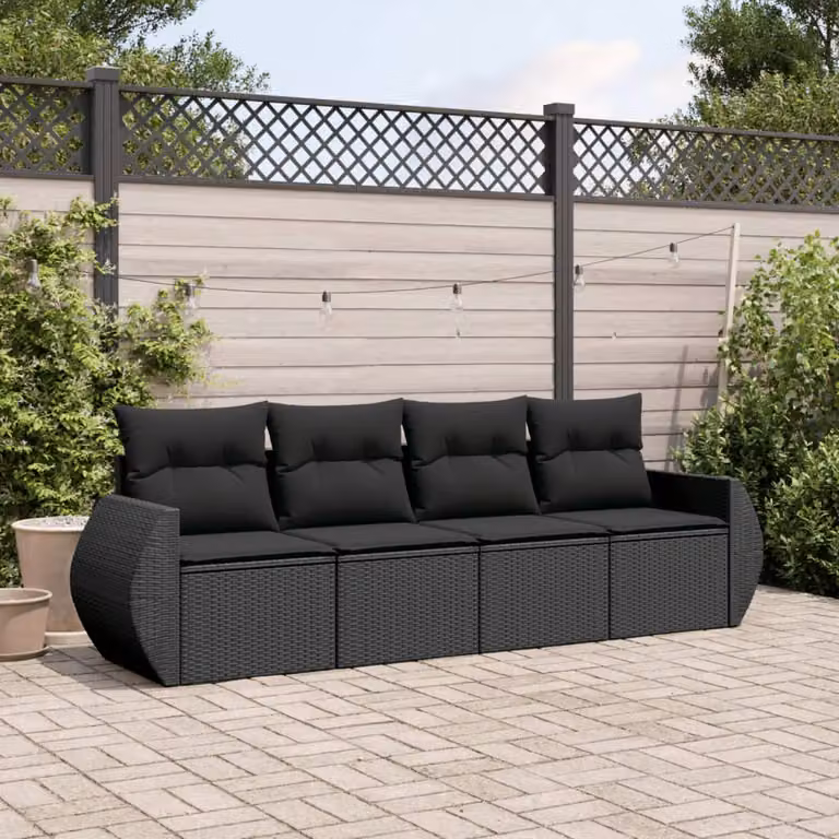 Set di Divani da Giardino vidaXL 4 Pezzi in Polyrattan Nero con Cuscini e Struttura in Acciaio