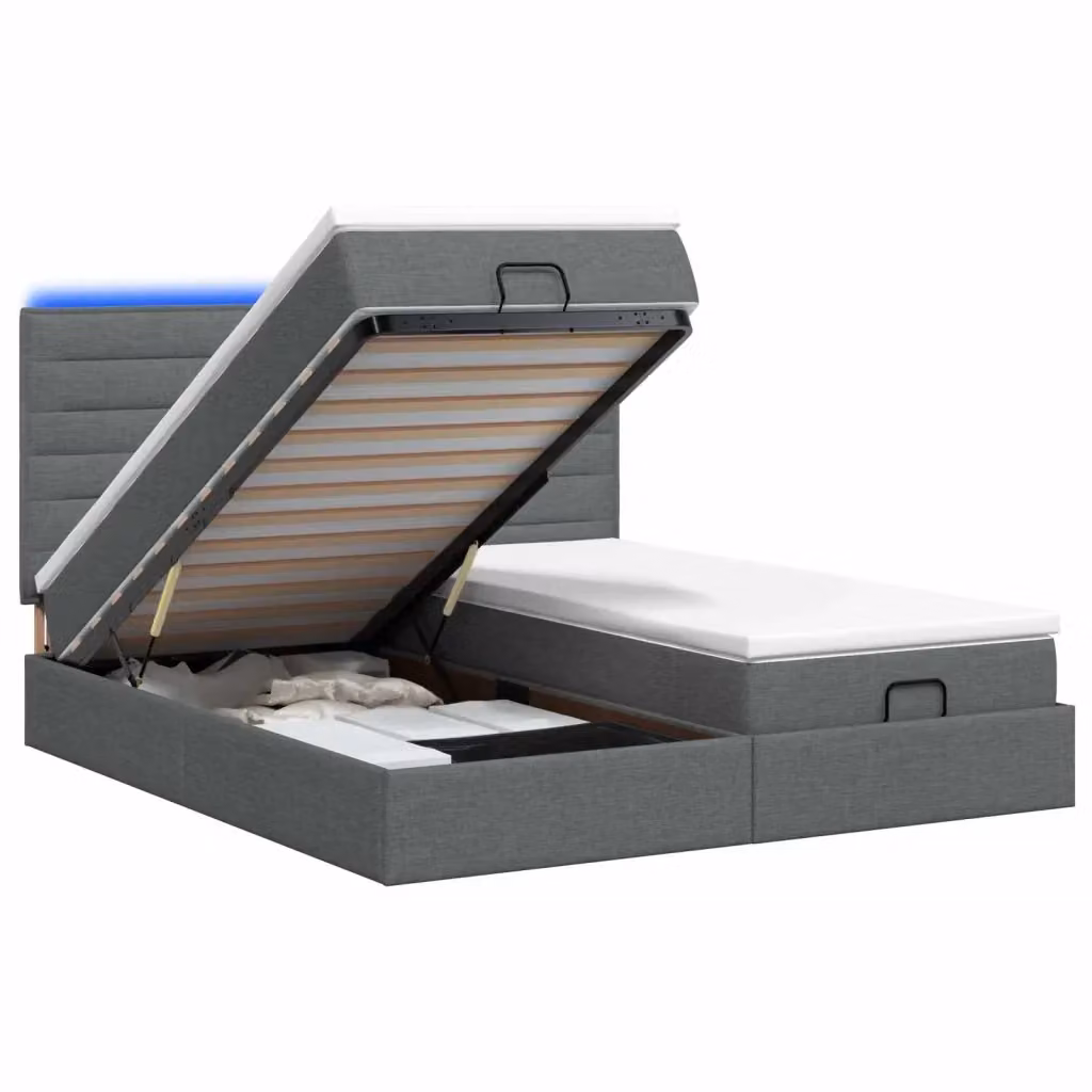 Letto Ottomano vidaXL con Materasso Ibrido, Illuminazione LED Sotto il Letto e Porta USB, Grigio e Bianco, L/P/H: 200 x 200 x 34.5 cm – 2