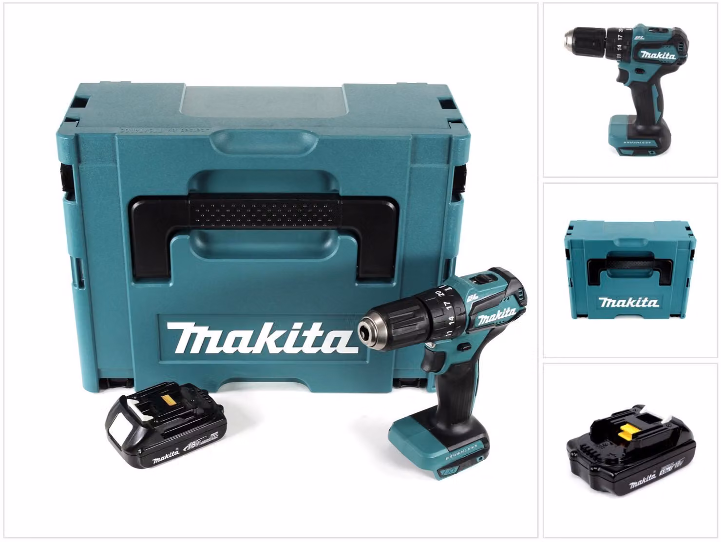 Trapano a percussione a batteria Makita DHP 483 Y1J 18V 40Nm + Makpac + 1x batteria 1,5 Ah - senza caricabatterie