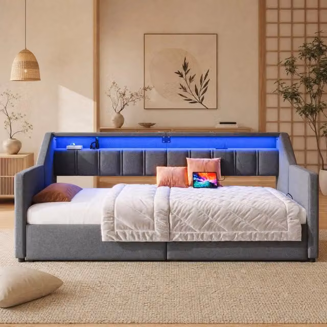 Letto matrimoniale moderno in tessuto grigio con cassetti, porte USB, luce LED integrata e illuminazione sottostante, L/P/H: 90 x 200 cm