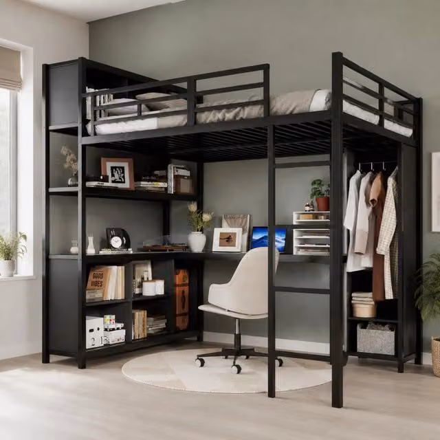 Letto a soppalco in ferro nero 140x200 cm con scrivania e armadio integrato, doppio spazio contenitore