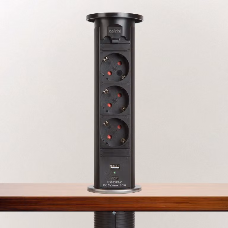 Presa multipla motorizzata a scomparsa - Nero, 3 prese di sicurezza per bambini + 2 porte USB (3,1 A), 3500 W, 230 V CA [20451B]