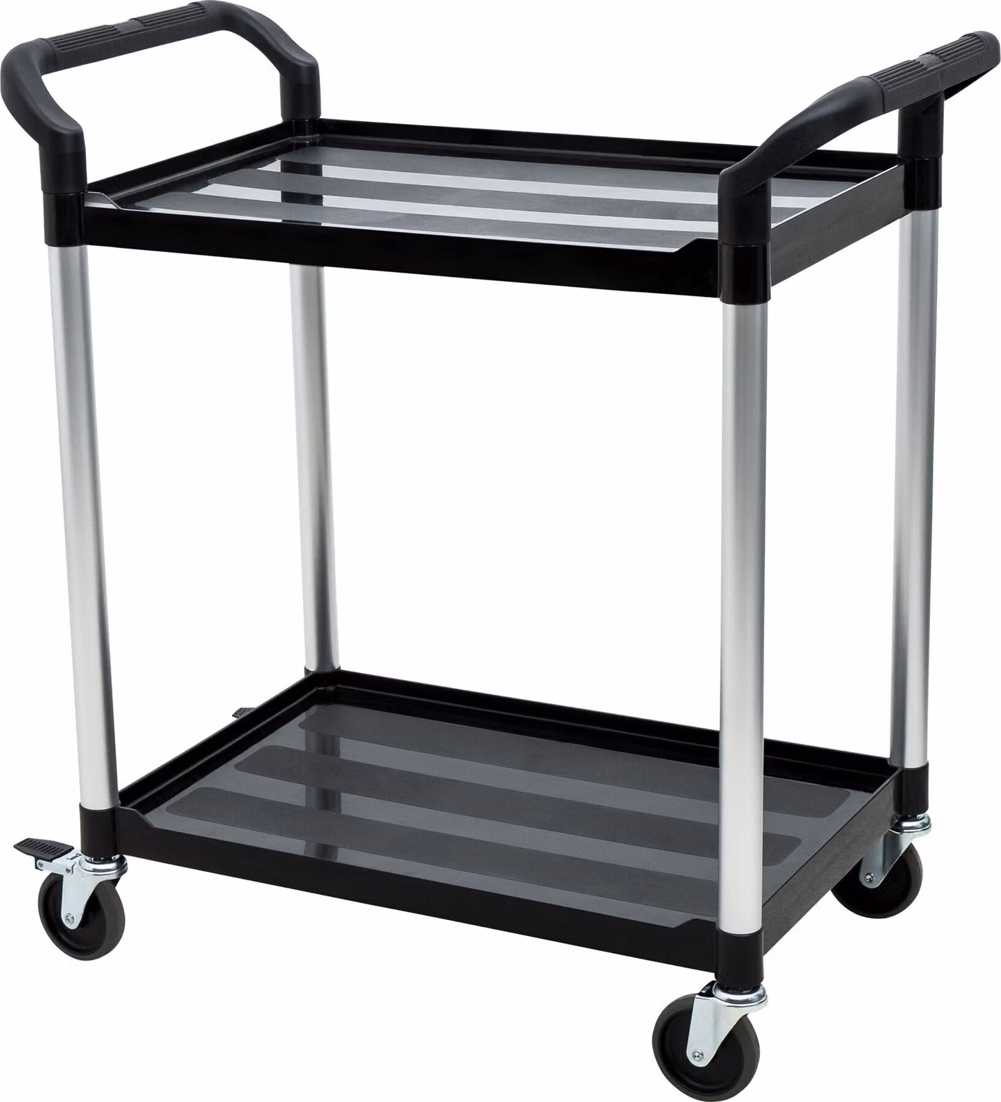 Carrello di servizio STIER, con 2 ripiani, maniglie di spinta su entrambi i lati, LxPxH 860x480x930 mm, portata 150 kg, 4 ruote piroettanti, di cui 2 bloccabili, carrello a ripiani, carrello a spinta, nero