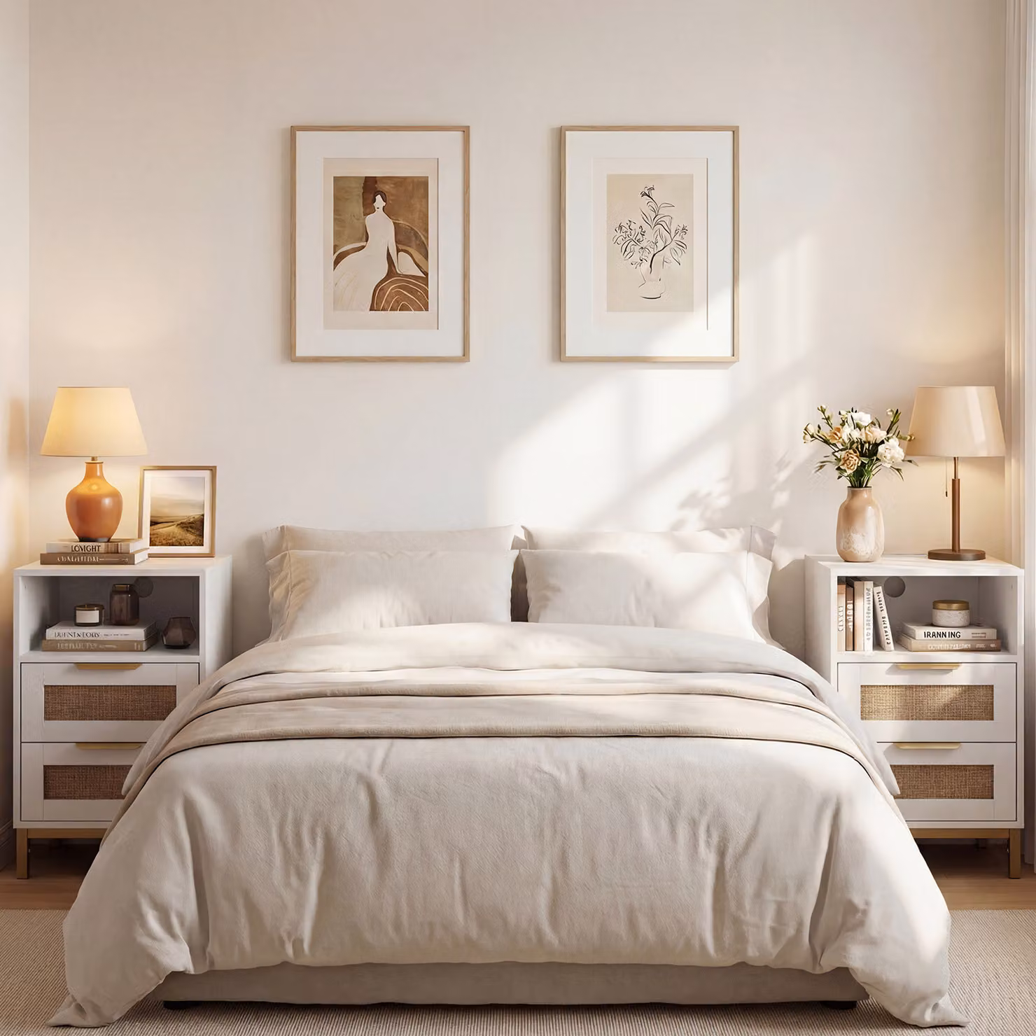 Set di 2 comodini Costway in stile boho con rattan e gambe in metallo, colore bianco, con ripiano aperto e 2 cassetti per camera da letto o soggiorno